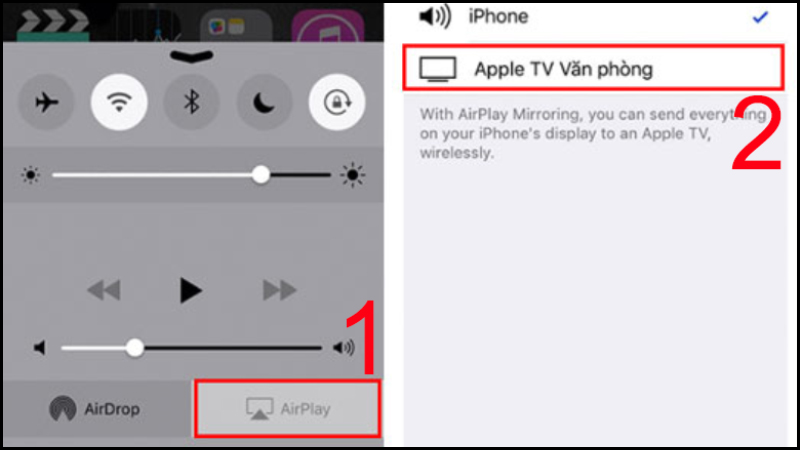 Ở điện thoại iPhone > Vuốt từ dưới lên > sau đó chọn vô mục AirPlay > Chọn thiết bị bạn cần kết nối.